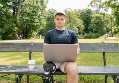 Un homme en situation de handicap travaille sur son ordinateur.